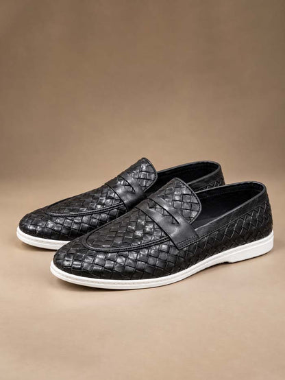 Black Braided Leather Loafer – Slip-On Shoes (Sku3242)