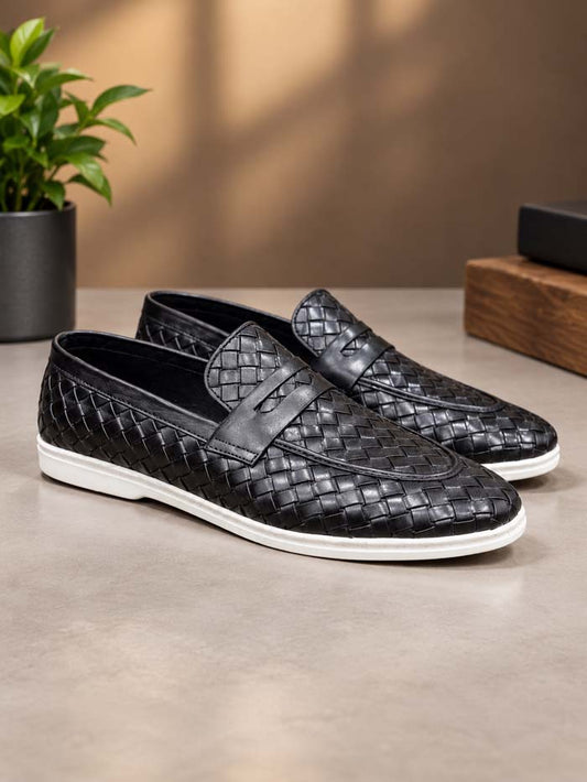 Black Braided Leather Loafer – Slip-On Shoes (Sku3242)