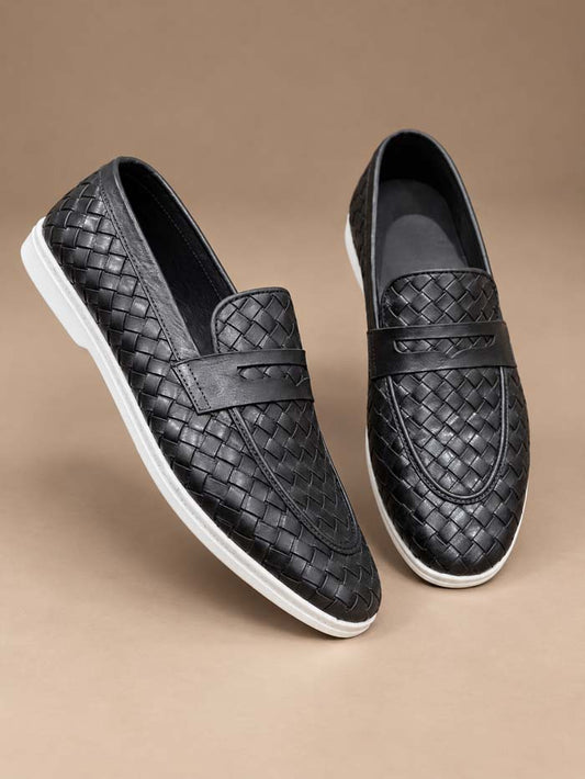 Black Braided Leather Loafer – Slip-On Shoes (Sku3242)