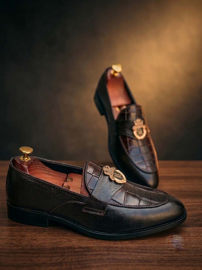 Men's Brown Croc-Embossed Leather Shoes with Rubber Sole – Design 7777