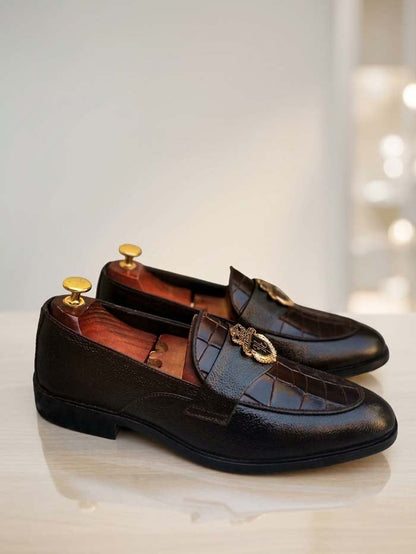 Men's Brown Croc-Embossed Leather Shoes with Rubber Sole – Design 7777