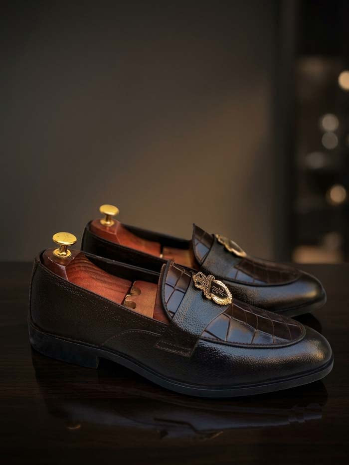 Men's Brown Croc-Embossed Leather Shoes with Rubber Sole – Design 7777