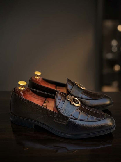 Men's Brown Croc-Embossed Leather Shoes with Rubber Sole – Design 7777