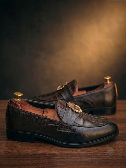 Men's Brown Croc-Embossed Leather Shoes with Rubber Sole – Design 7777