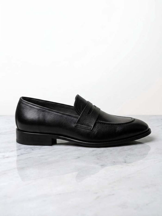 Men's black genuine leather loafer with rubber sole, side profile view - SP 471