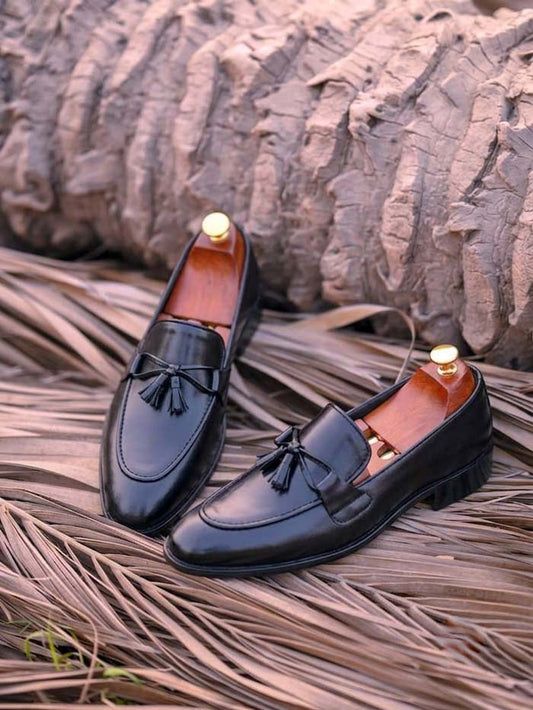 Men's Black Genuine Leather Tassel Loafers with Rubber Sole – SP 446